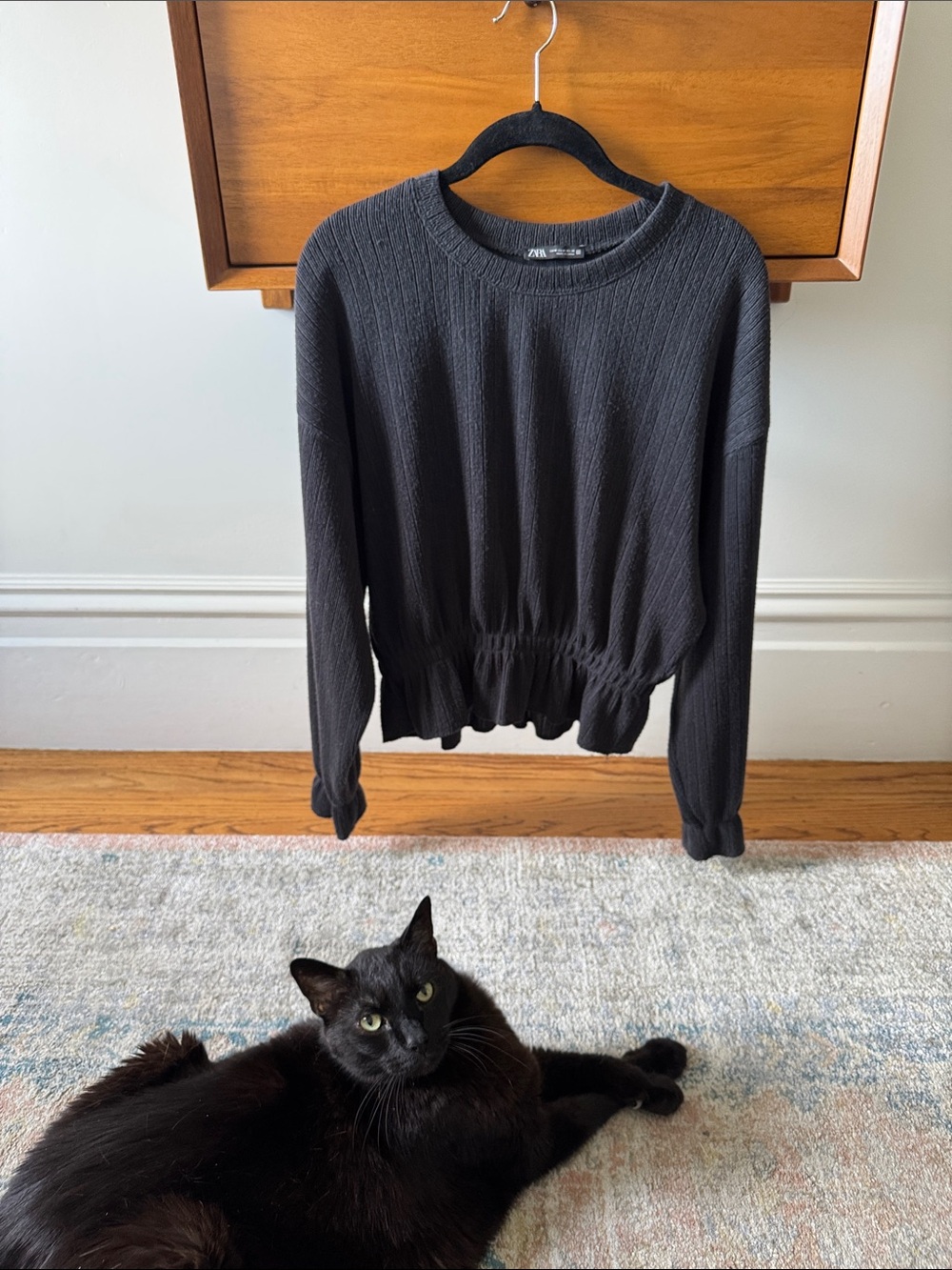 Zara Black Ribbed Gathered-Waist Crewneck Sweater
